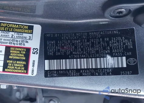 2020 Toyota Camry Xse z USA, uszkodzony, nr VIN 4T1K61AK7LU338260